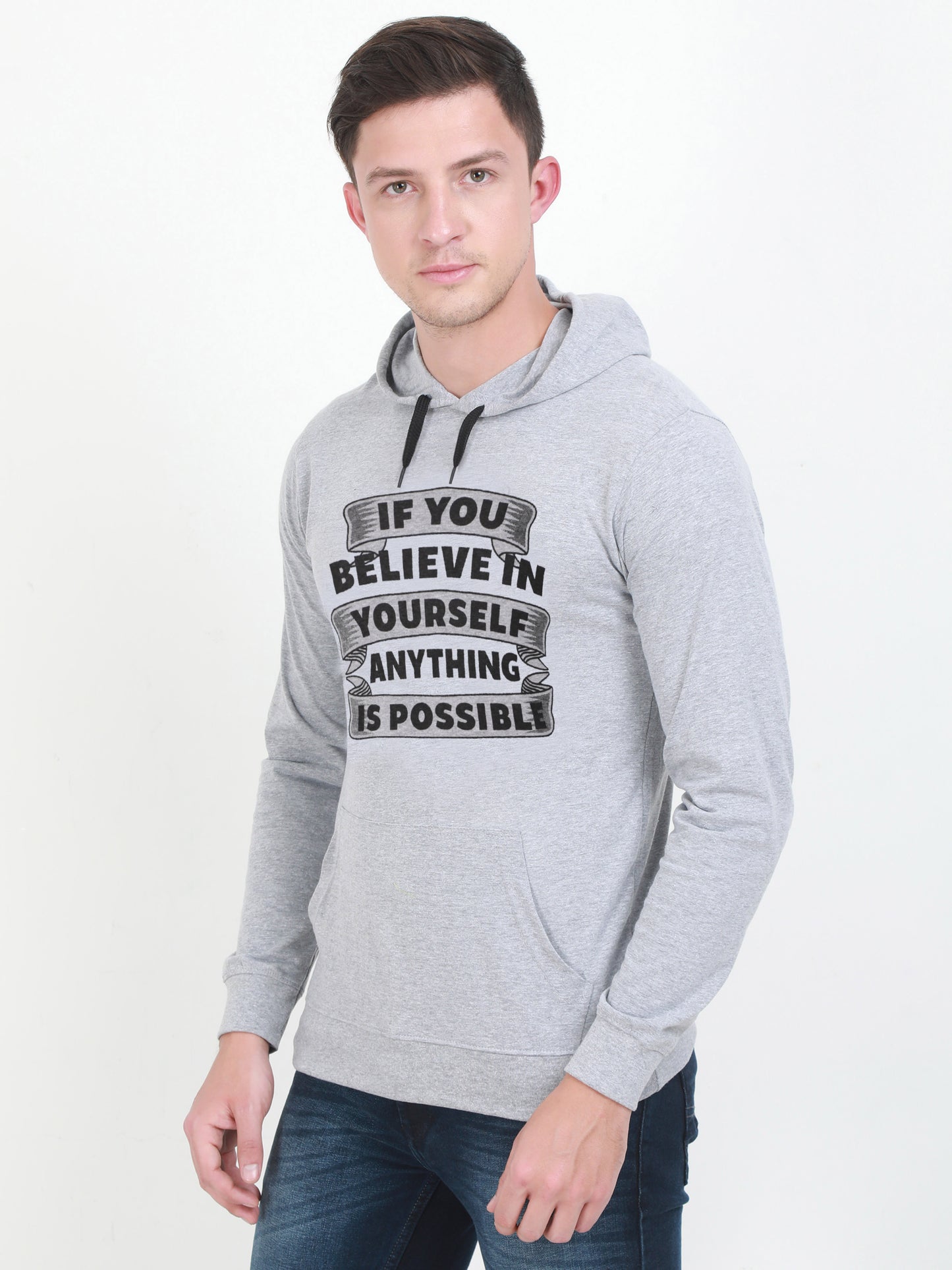 Men's Cotton Full Sleeve Printed Grey Melange Color Hoodies/Sweatshirts