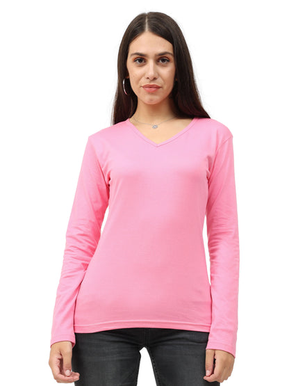 Fleximaa Women's Cotton Plain V Neck Full Sleeve T-Shirt - fleximaa-so
