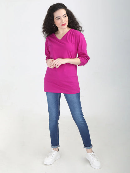 Fleximaa Women's Cotton Plain V Neck Full Sleeve T-Shirt - fleximaa-so