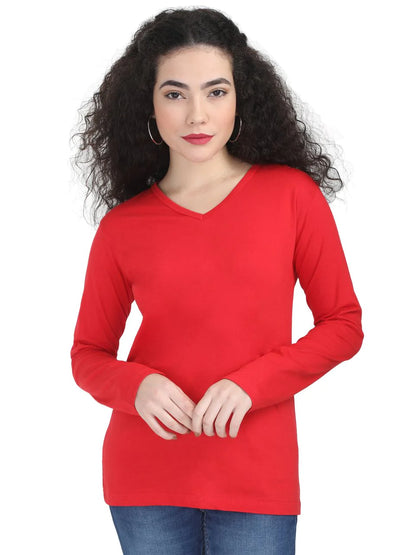 Fleximaa Women's Cotton Plain V Neck Full Sleeve T-Shirt-2 - fleximaa-so