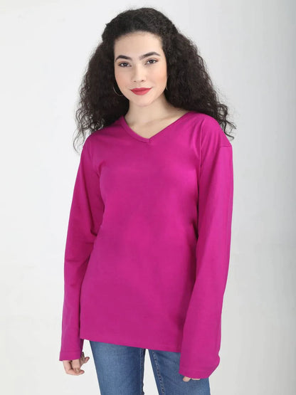 Fleximaa Women's Cotton Plain V Neck Full Sleeve T-Shirt (Pack of 2) - Fleximaa