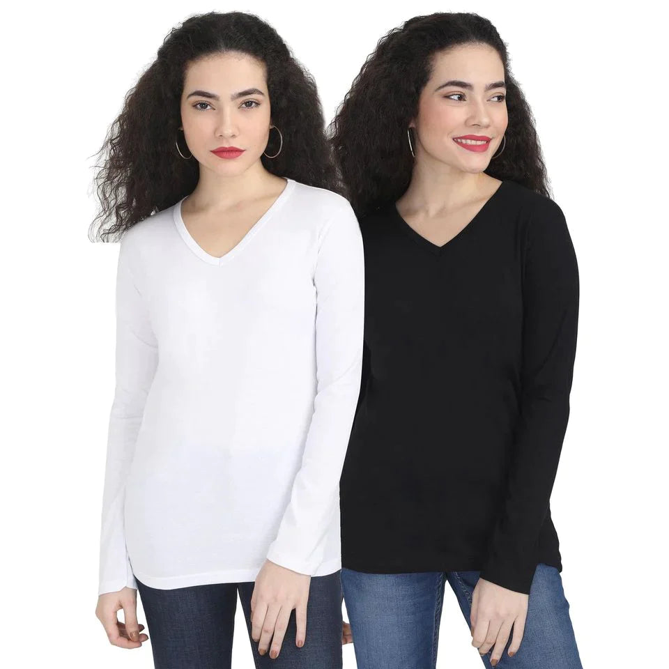 Women's Cotton Plain V Neck Full Sleeve T-Shirt - (Pack of 2)