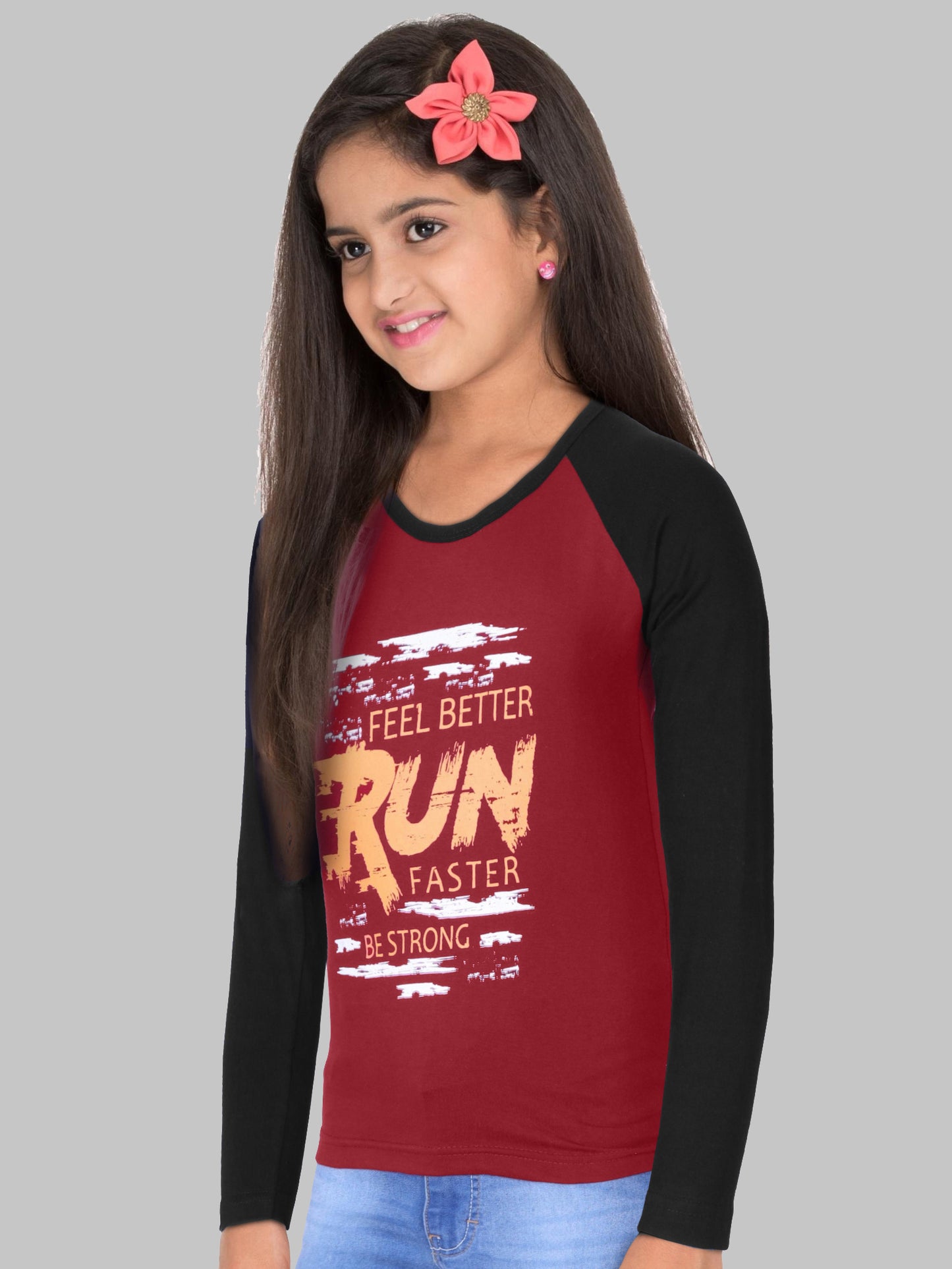 Boys & Girls Printed Raglan Full Sleeve Maroonblack Color T-Shirt