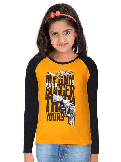 Boys & Girls Printed Raglan Full Sleeve Mustardblack Color T-Shirt