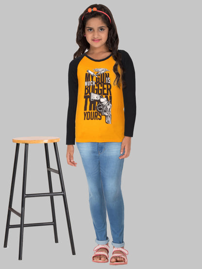 Boys & Girls Printed Raglan Full Sleeve Mustardblack Color T-Shirt