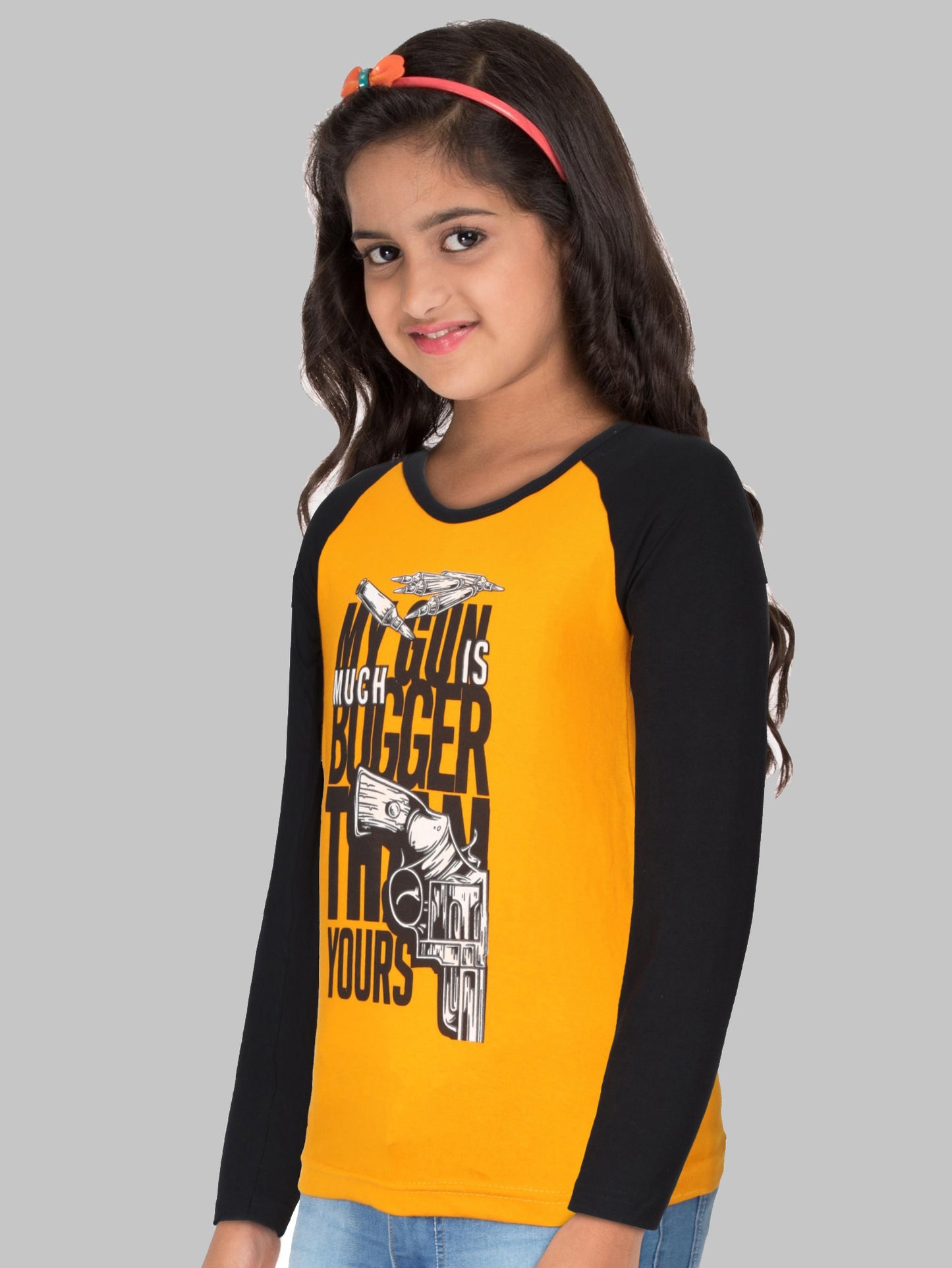 Boys & Girls Printed Raglan Full Sleeve Mustardblack Color T-Shirt