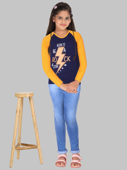 Boys & Girls Printed Raglan Full Sleeve Navymustard Color T-Shirt