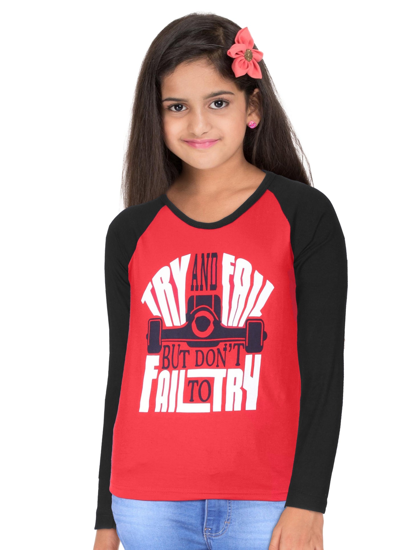 Boys & Girls Printed Raglan Full Sleeve Redblack Color T-Shirt