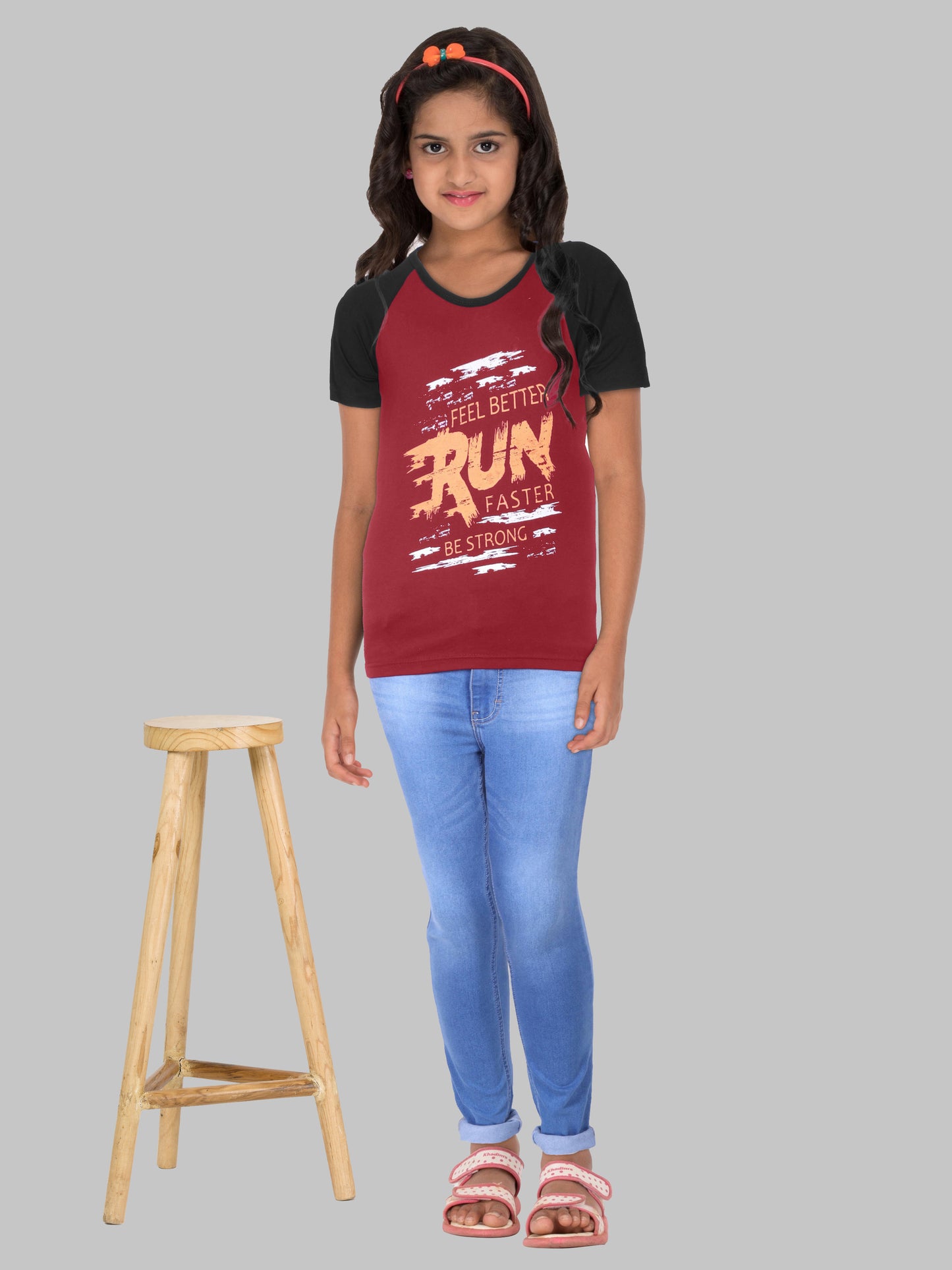Boys & Girls Printed Raglan Half Sleeve Maroonblack Color T-Shirt