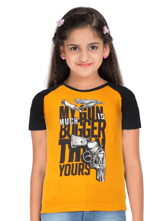 Boys & Girls Printed Raglan Half Sleeve Mustardblack Color T-Shirt