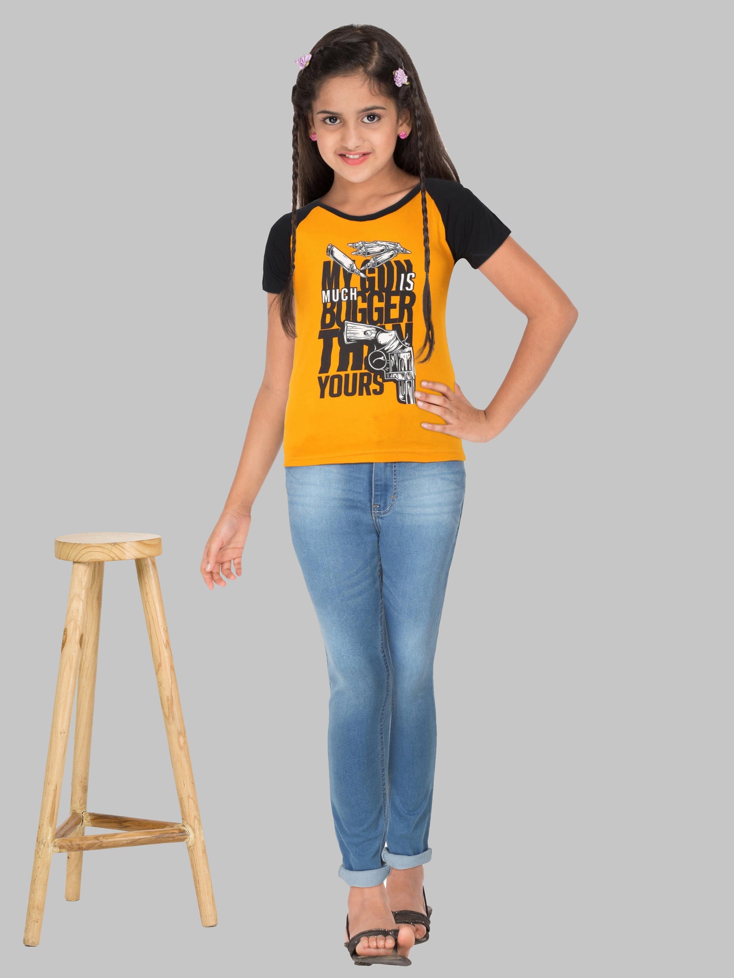 Boys & Girls Printed Raglan Half Sleeve Mustardblack Color T-Shirt