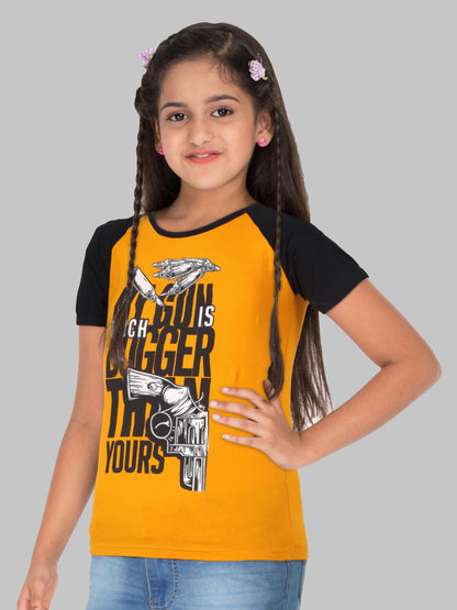 Boys & Girls Printed Raglan Half Sleeve Mustardblack Color T-Shirt