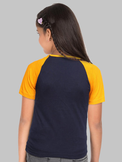 Boys & Girls Printed Raglan Half Sleeve Navymustard Color T-Shirt