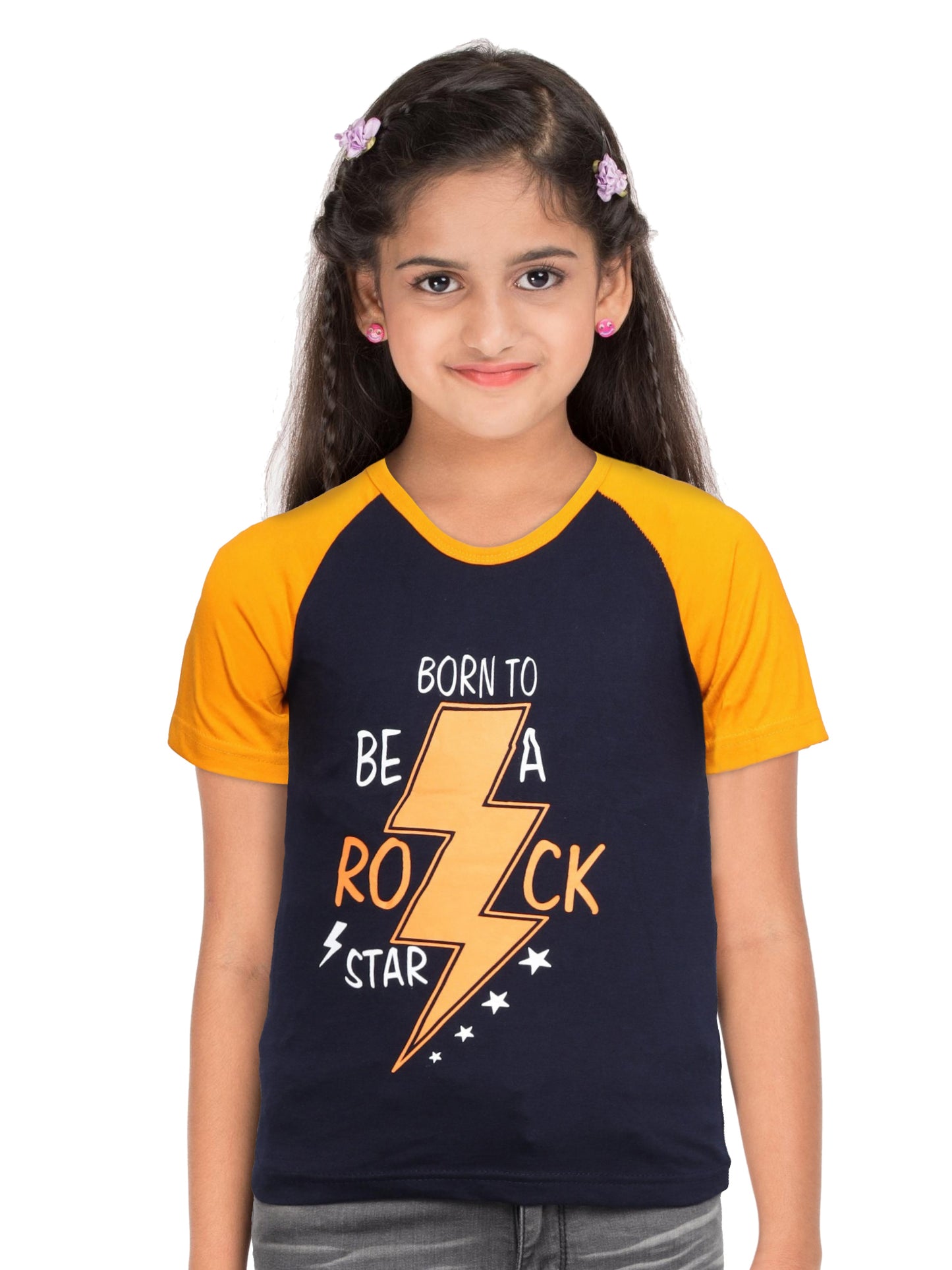 Boys & Girls Printed Raglan Half Sleeve Navymustard Color T-Shirt