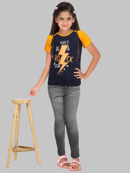 Boys & Girls Printed Raglan Half Sleeve Navymustard Color T-Shirt