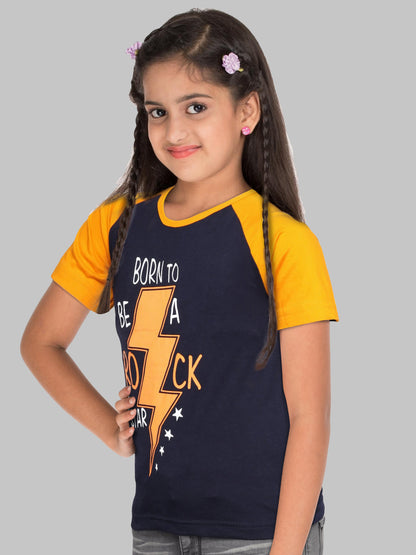 Boys & Girls Printed Raglan Half Sleeve Navymustard Color T-Shirt
