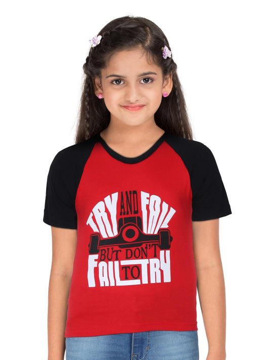 Boys & Girls Printed Raglan Half Sleeve Redblack Color T-Shirt