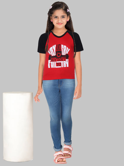 Boys & Girls Printed Raglan Half Sleeve Redblack Color T-Shirt