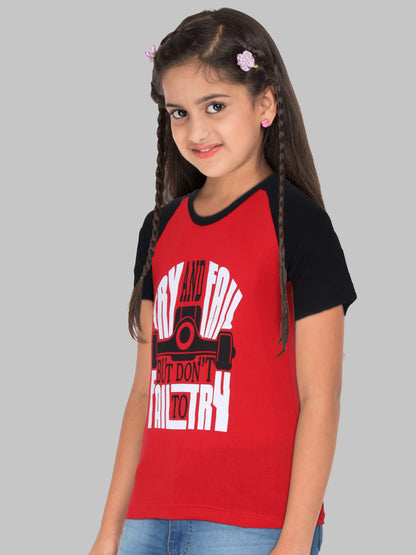 Boys & Girls Printed Raglan Half Sleeve Redblack Color T-Shirt