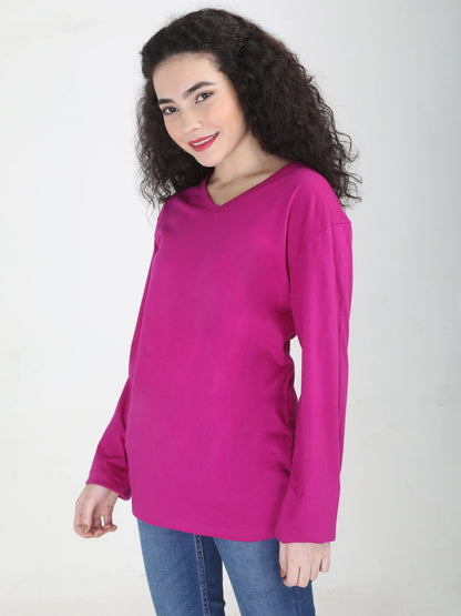 Fleximaa Women's Cotton Plain V Neck Full Sleeve T-Shirt - fleximaa-so