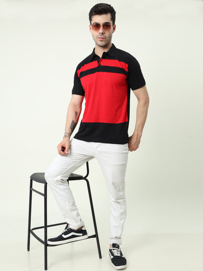 Men's Cotton Color Block Half Sleeve Polo Neck T-Shirt