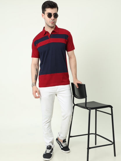 Men's Cotton Color Block Half Sleeve Polo Neck T-Shirt