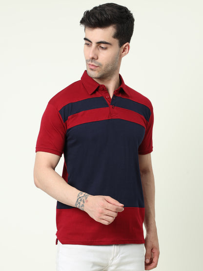 Men's Cotton Color Block Half Sleeve Polo Neck T-Shirt