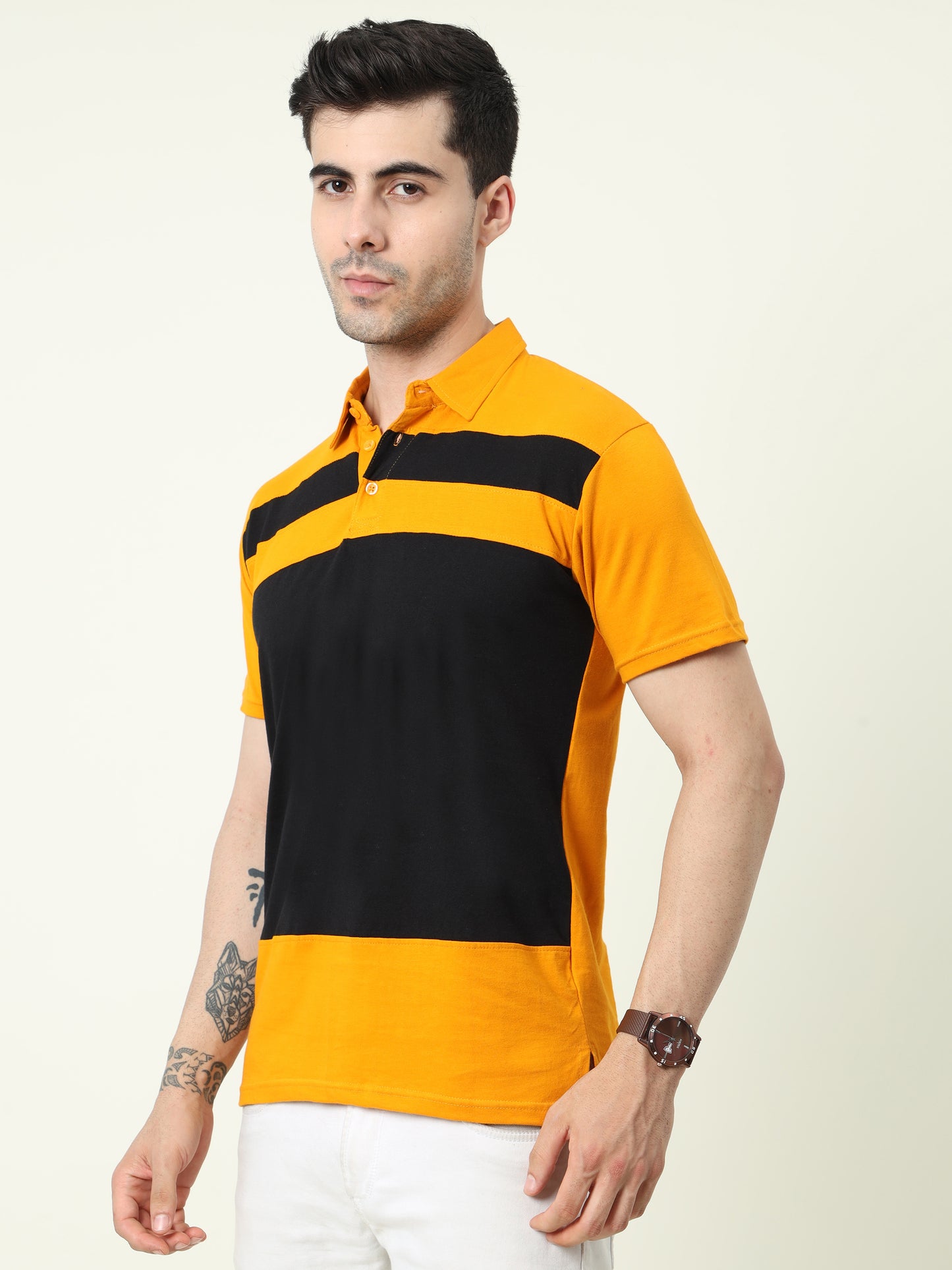 Men's Cotton Color Block Half Sleeve Polo Neck T-Shirt