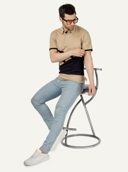 Men's Cotton Polo Neck Color Block Half Sleeve T-Shirt