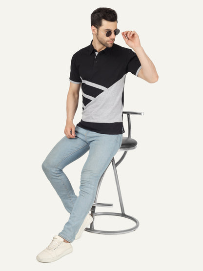 Men's Cotton Polo Neck Color Block Half Sleeve T-Shirt