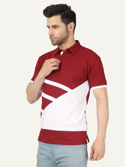 Men's Cotton Polo Neck Color Block Half Sleeve T-Shirt