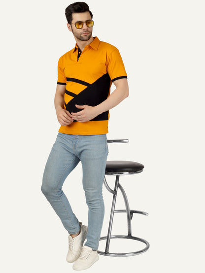 Men's Cotton Polo Neck Color Block Half Sleeve T-Shirt