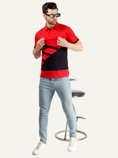 Men's Cotton Polo Neck Color Block Half Sleeve T-Shirt