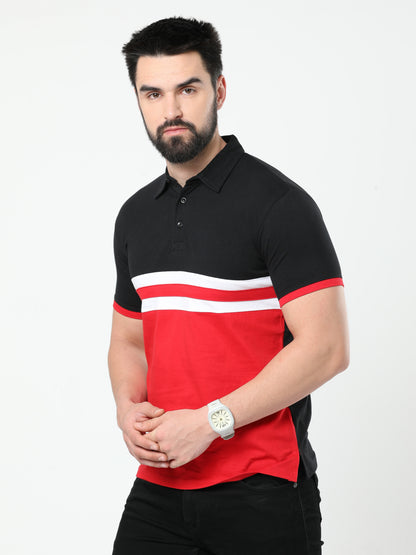 Men's Cotton Color Block Polo Neck Half Sleeve T-Shirt