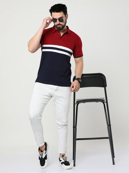 Men's Cotton Color Block Polo Neck Half Sleeve T-Shirt