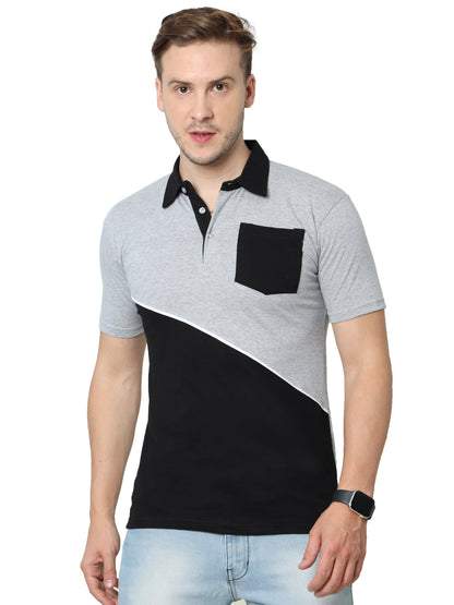 Men's Cotton Color Block Polo Neck Half Sleeve T-Shirt With Pocket