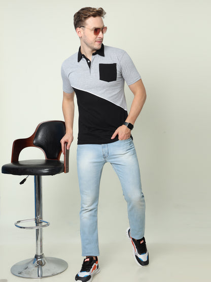 Men's Cotton Color Block Polo Neck Half Sleeve T-Shirt With Pocket
