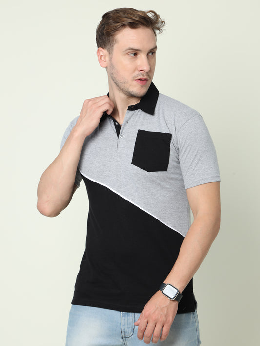 Men's Cotton Color Block Polo Neck Half Sleeve T-Shirt With Pocket