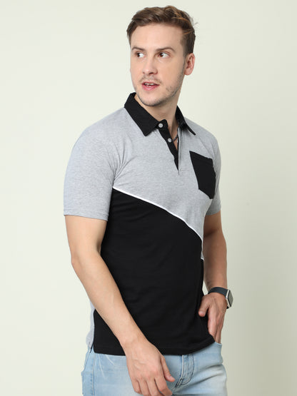 Men's Cotton Color Block Polo Neck Half Sleeve T-Shirt With Pocket