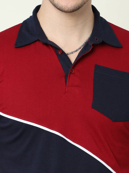Men's Cotton Color Block Polo Neck Half Sleeve T-Shirt With Pocket