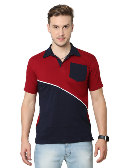 Men's Cotton Color Block Polo Neck Half Sleeve T-Shirt With Pocket