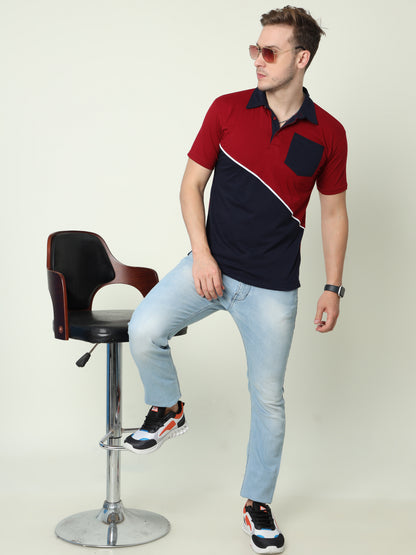 Men's Cotton Color Block Polo Neck Half Sleeve T-Shirt With Pocket