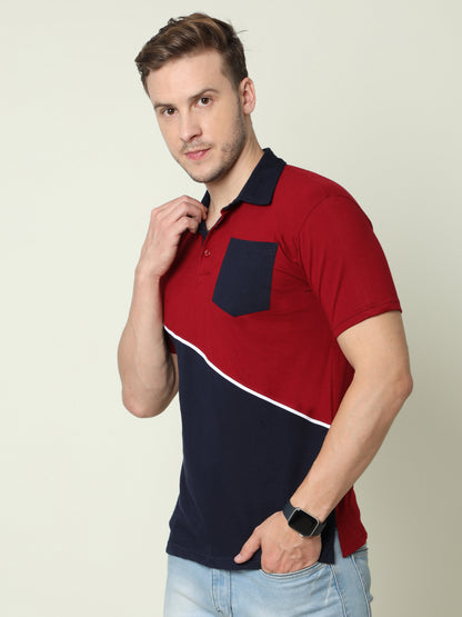 Men's Cotton Color Block Polo Neck Half Sleeve T-Shirt With Pocket