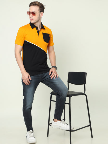 Men's Cotton Color Block Polo Neck Half Sleeve T-Shirt With Pocket