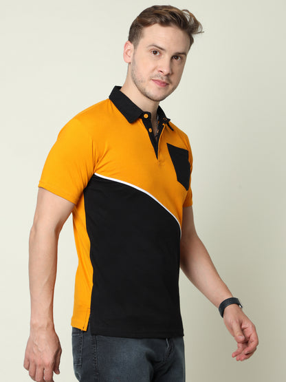 Men's Cotton Color Block Polo Neck Half Sleeve T-Shirt With Pocket