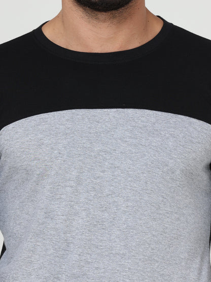 Men's Cotton Round Neck Color Block Full Sleeve Blackgrey Color T-Shirt