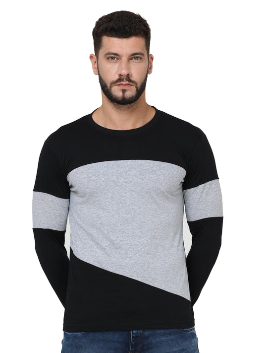 Men's Cotton Round Neck Color Block Full Sleeve Blackgrey Color T-Shirt