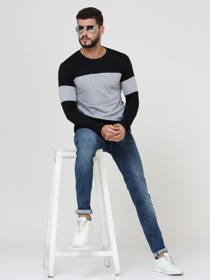 Men's Cotton Round Neck Color Block Full Sleeve Blackgrey Color T-Shirt