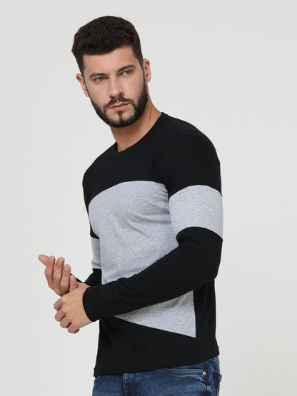 Men's Cotton Round Neck Color Block Full Sleeve Blackgrey Color T-Shirt