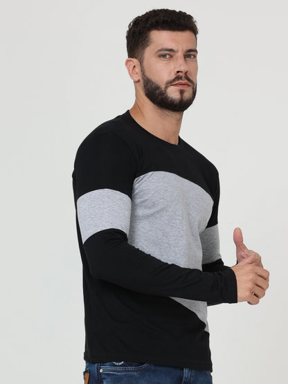 Men's Cotton Round Neck Color Block Full Sleeve Blackgrey Color T-Shirt